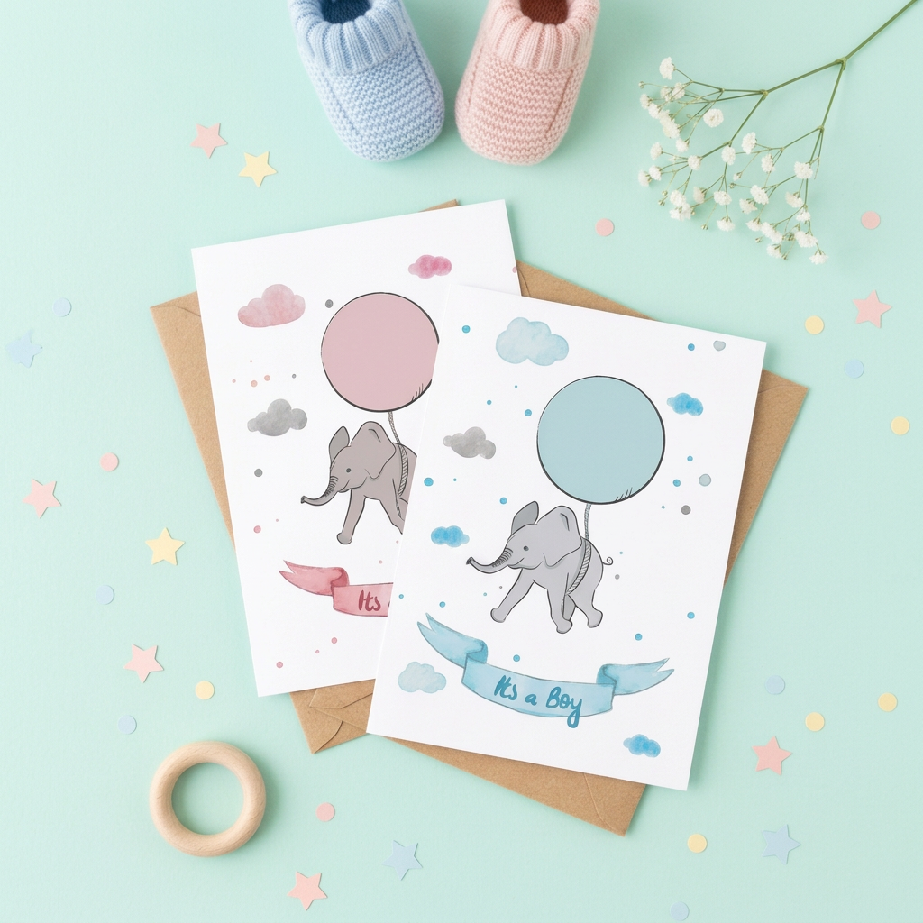 New Baby Drop-In — It's a Boy and It's a Girl elephant cards with knitted booties and baby's breath on mint